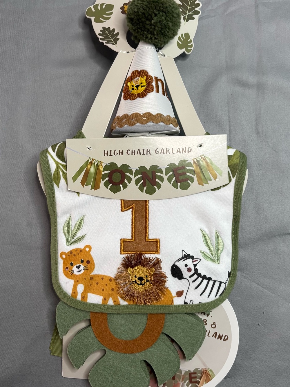 Kids First Birthday Bib & Party Hat Set - Green Jungle Lion